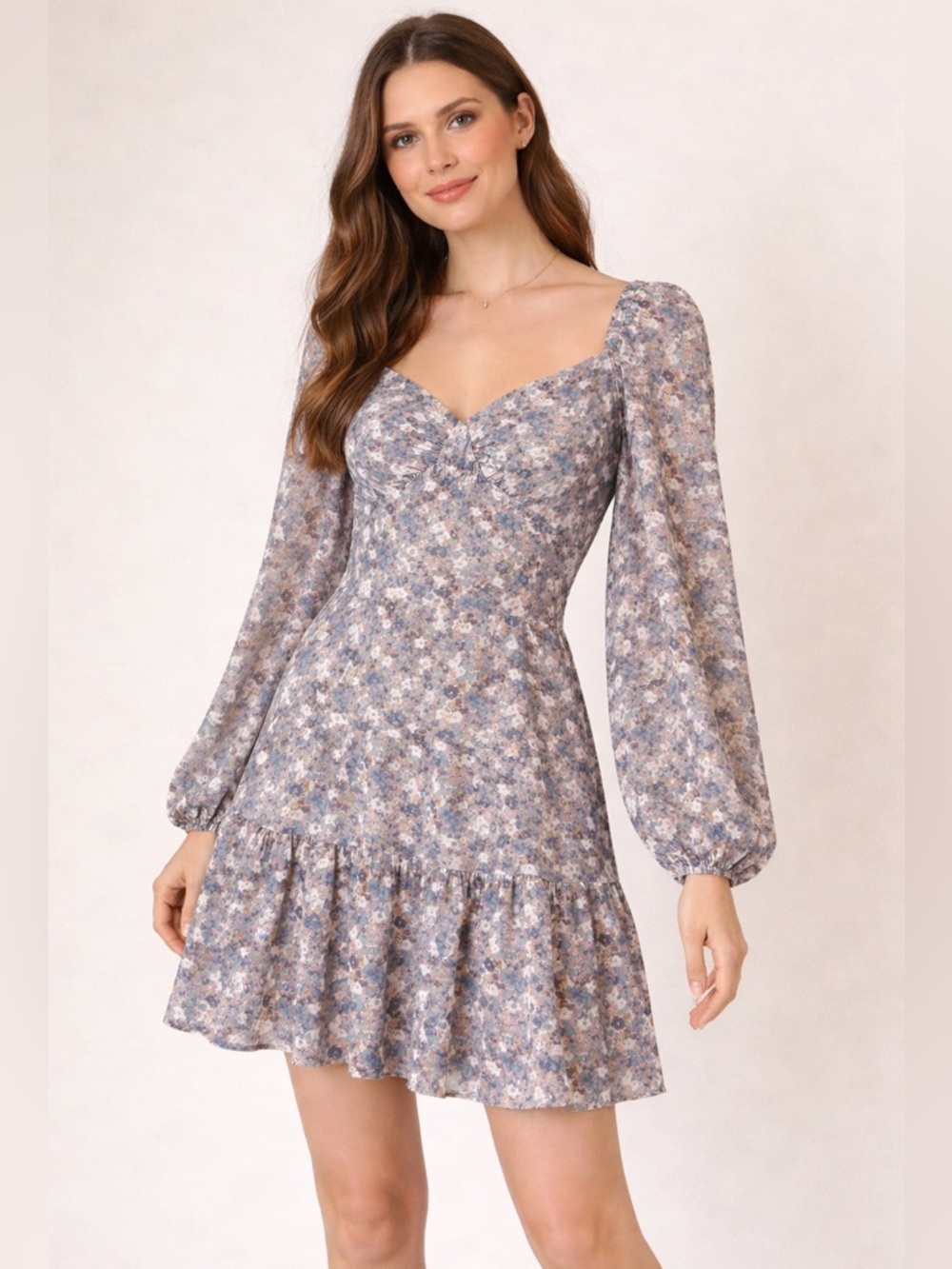 Storia Blue Floral Long Sleeve Sweetheart Dress